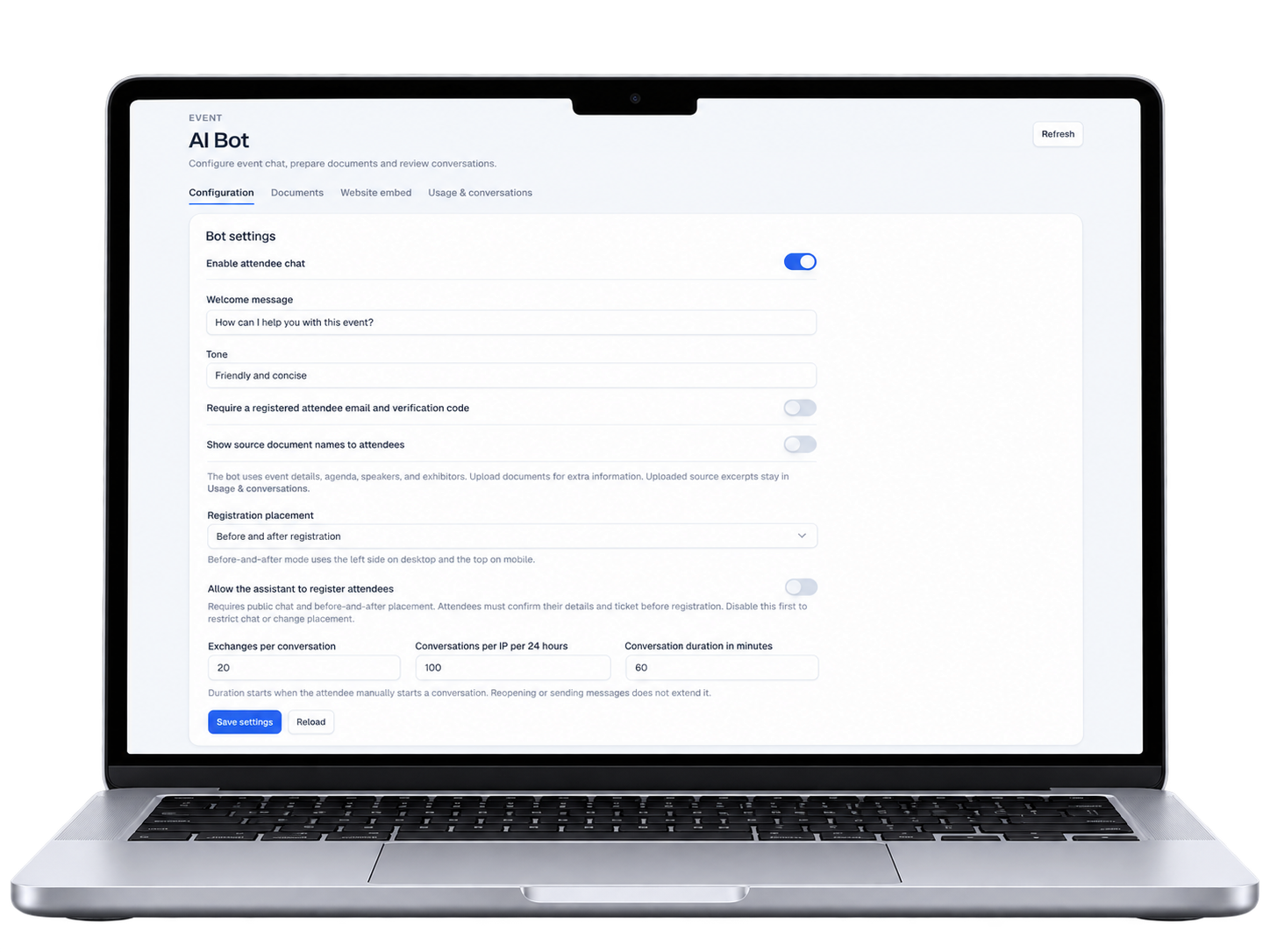 MacBook showing the Eventrize AI Assistant configuration screen with welcome message, tone, attendee access, placement and conversation limits