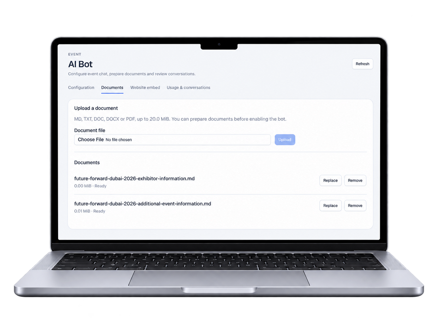 MacBook showing the Eventrize AI Assistant document management screen with an upload form and two ready event documents