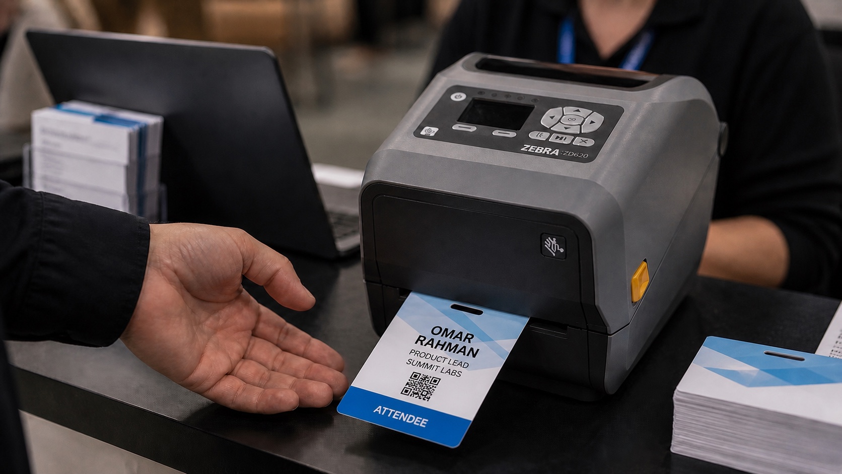 Pre-printed attendee badge emerging directly from a Zebra ZD620 printer