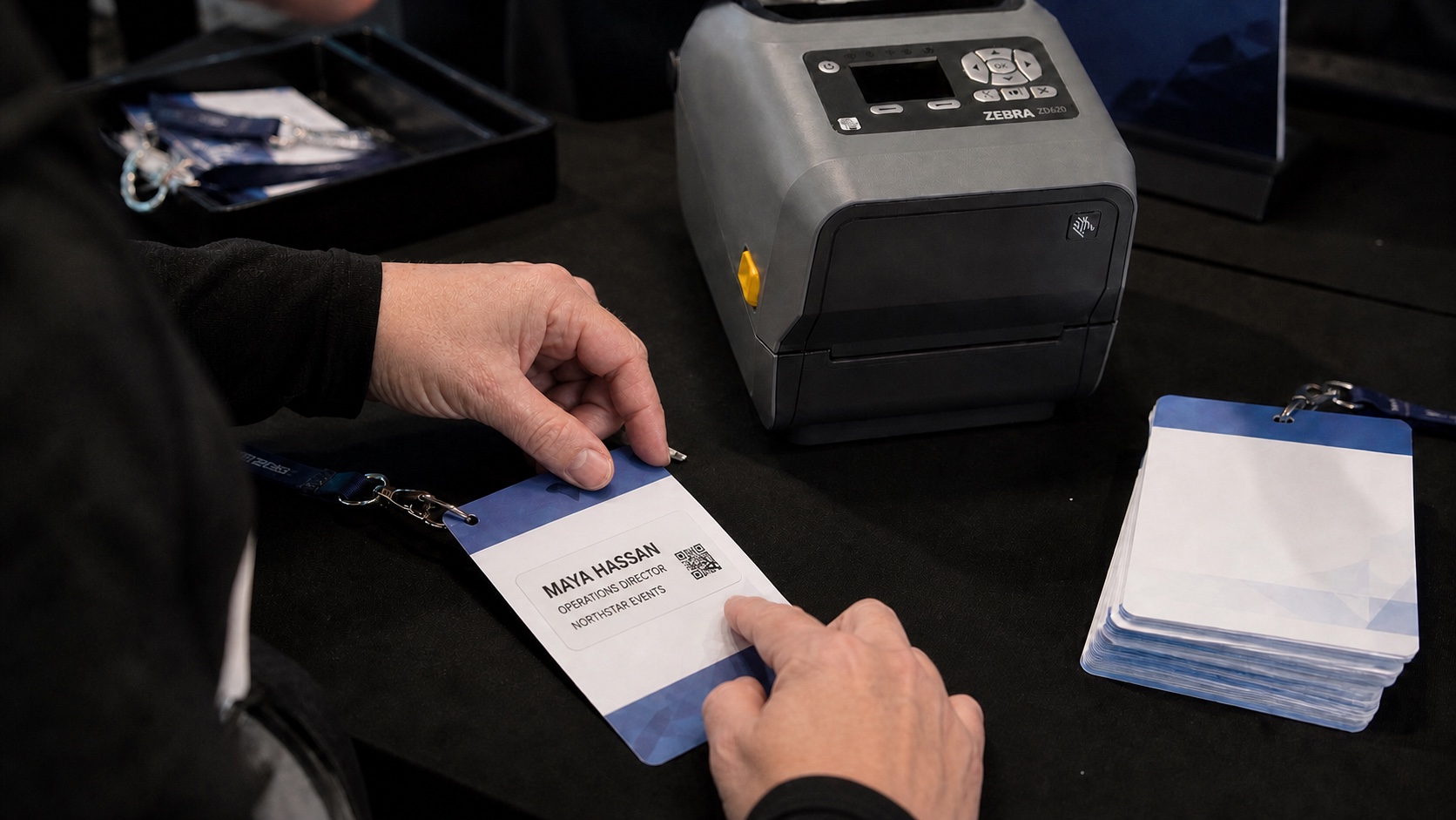 Event staff applying an attendee label beside a Zebra ZD620 badge printer