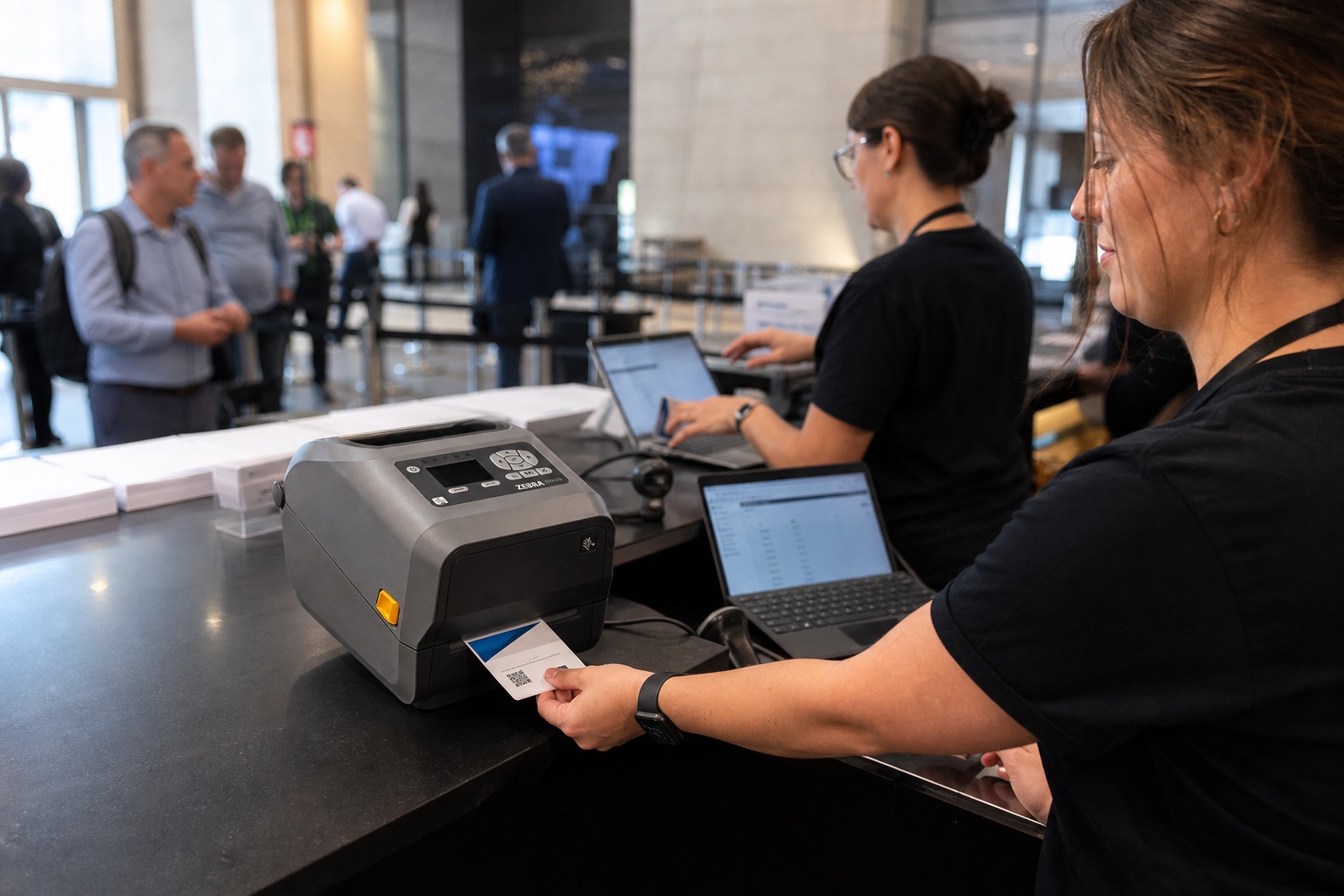 Event staff operating a Zebra ZD620 printer at a live conference badge desk