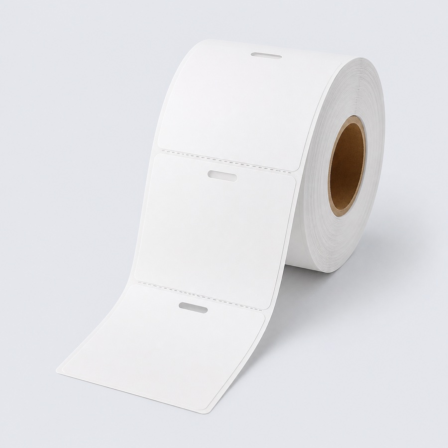 Blank event badge stock supplied on a roll with visible perforations