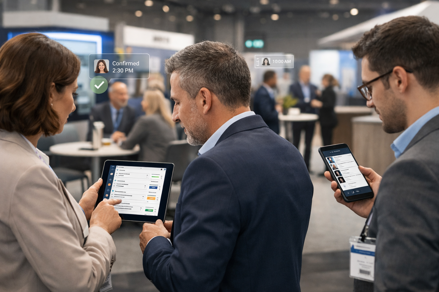 Professionals using event matchmaking and appointment scheduling tools at a conference