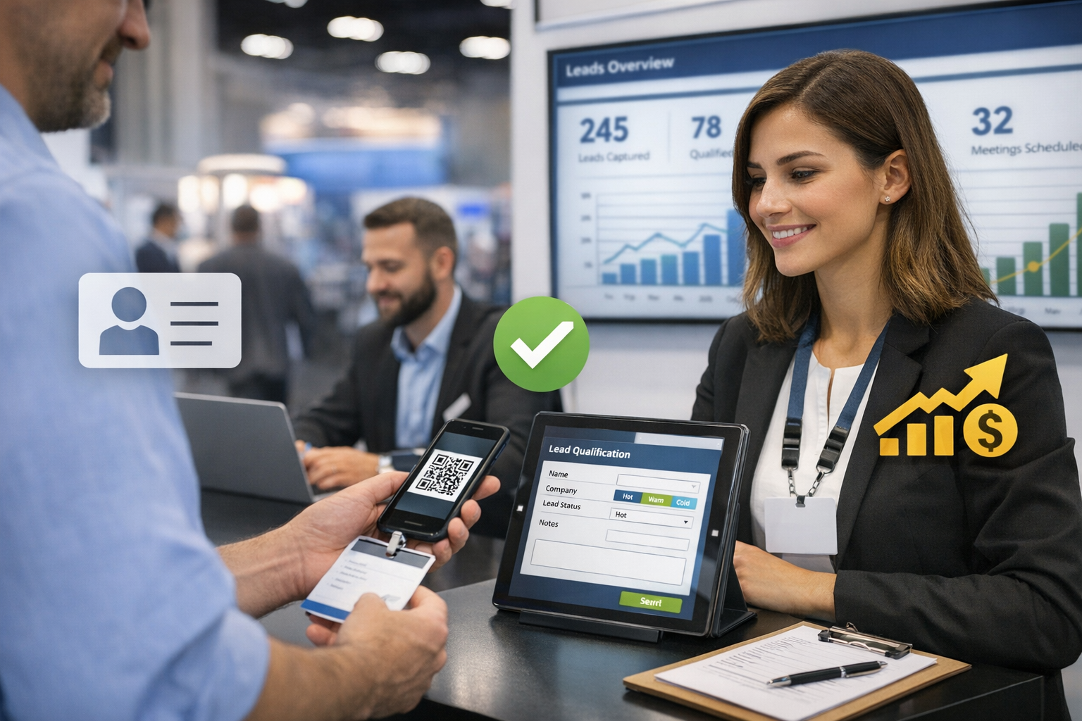 Exhibition staff using lead retrieval tools to capture and qualify attendee leads
