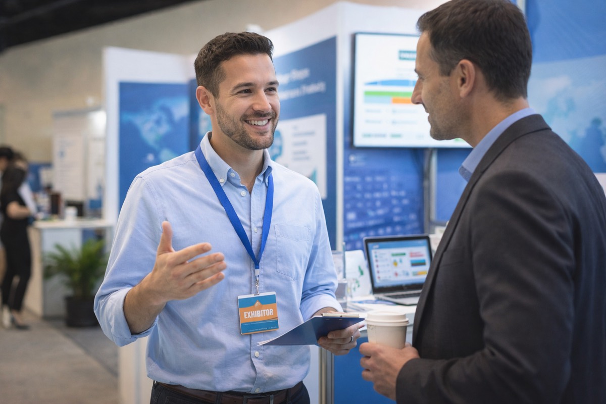 Exhibition team managing exhibitor tasks, booth staff registration, and portal approvals