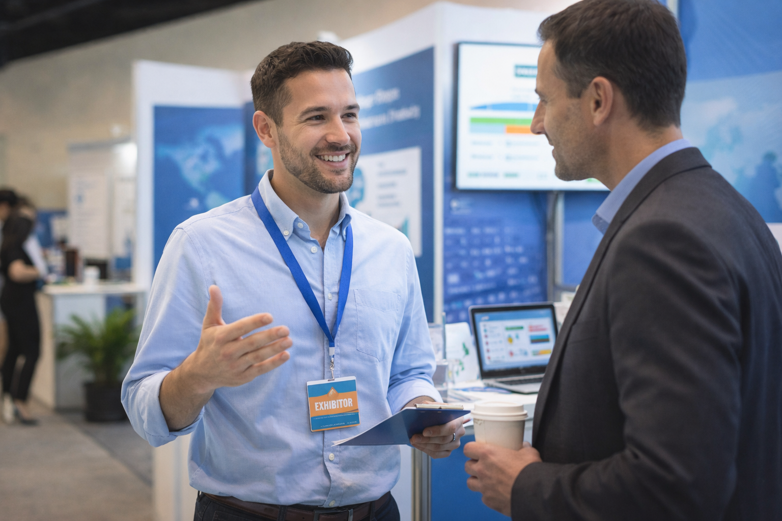 Exhibition team managing exhibitor tasks, booth staff registration, and portal approvals