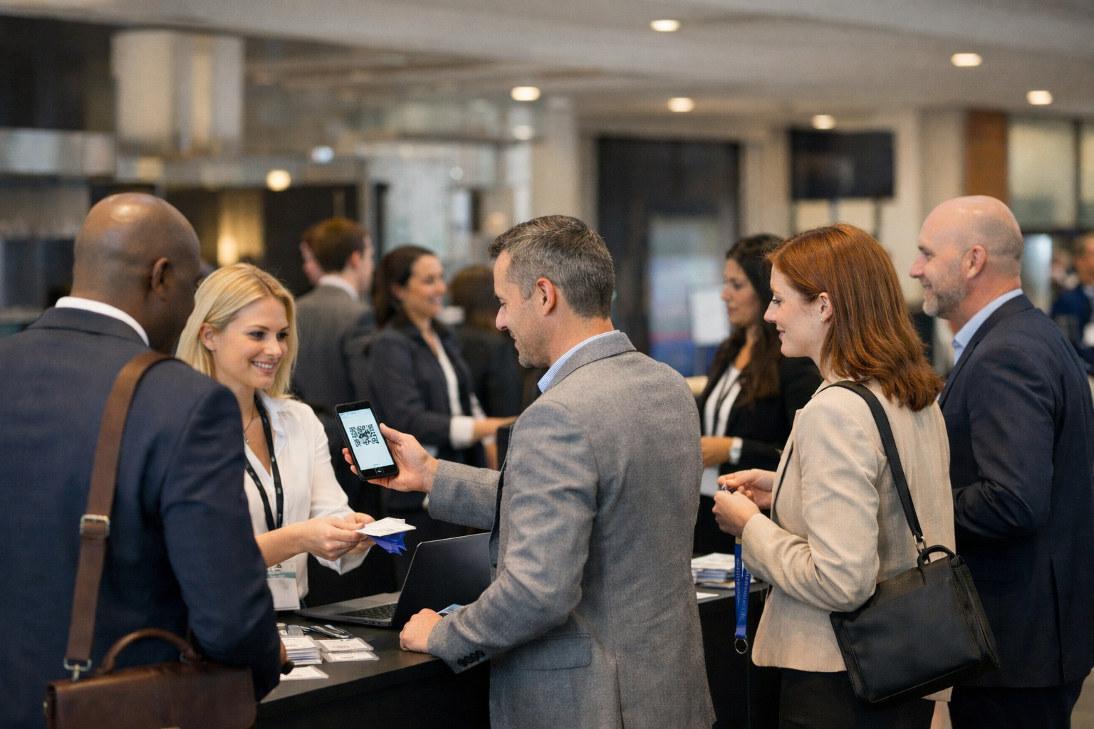 Attendees arriving at a business event registration area