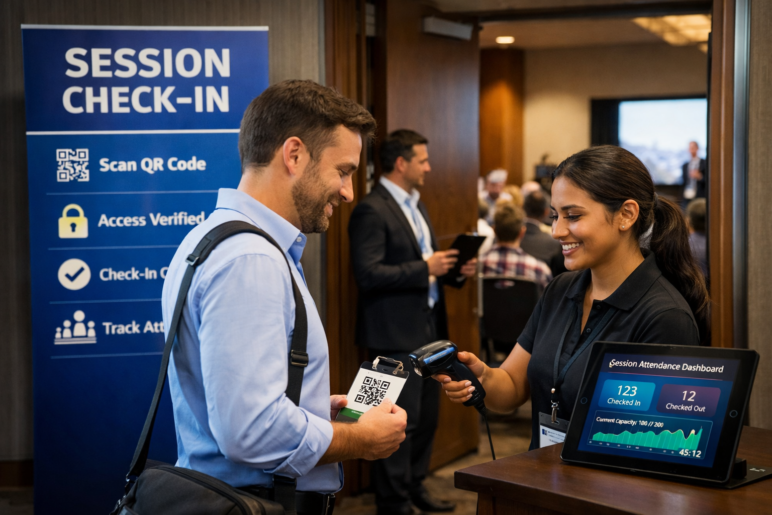 Attendees scanning into a conference session for room-level attendance tracking