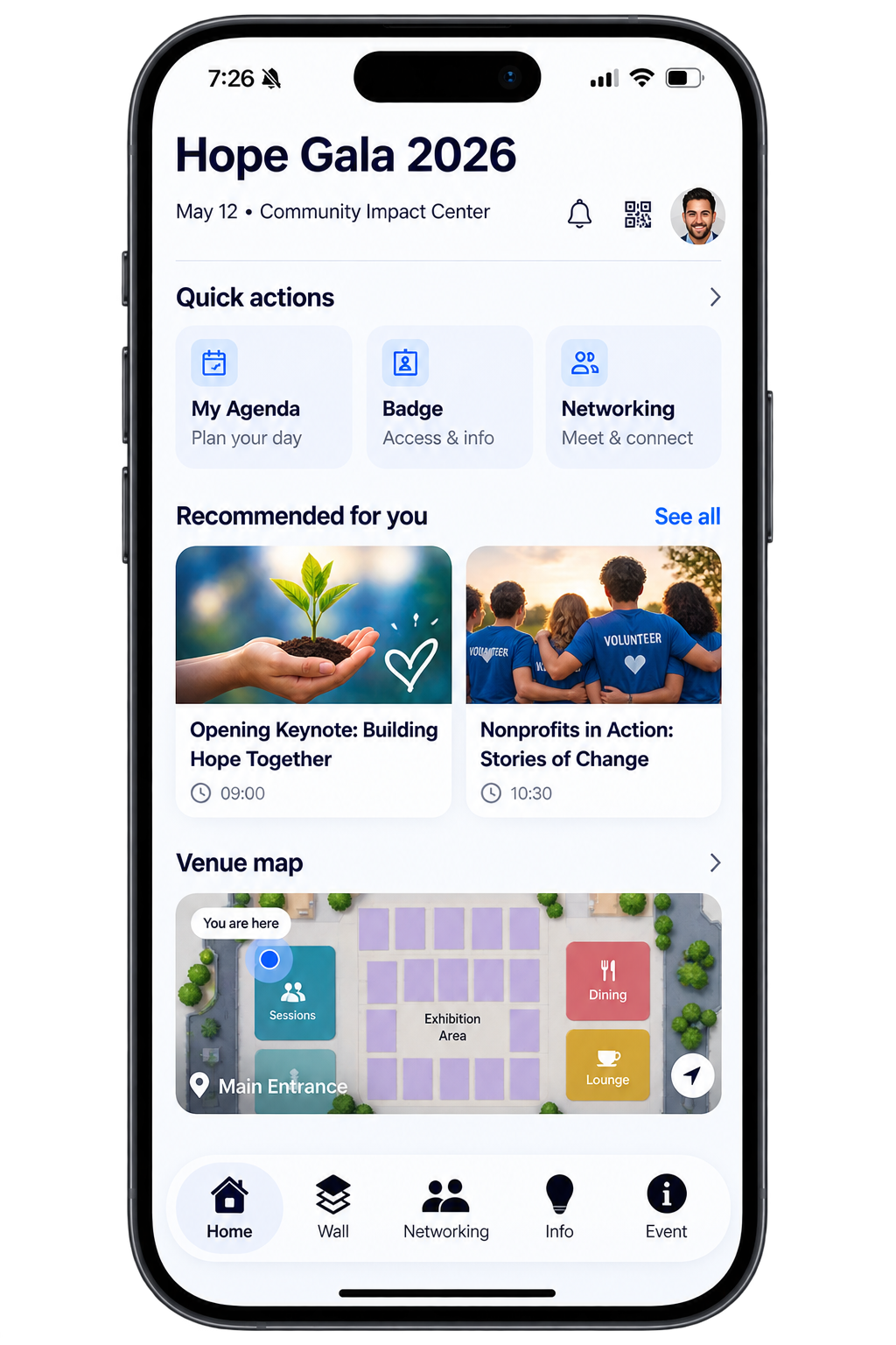 Eventrize Hope Gala 2026 event app showing quick actions, recommended sessions, and venue information