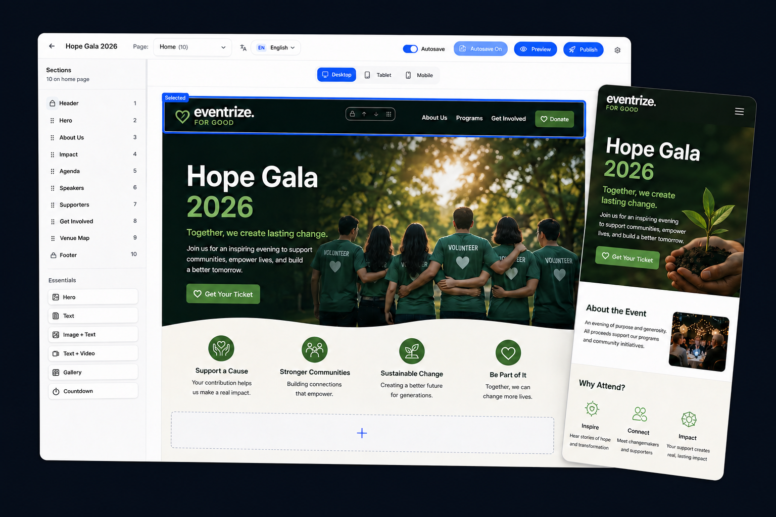 Eventrize website builder showing the Hope Gala 2026 nonprofit event website in desktop and mobile previews