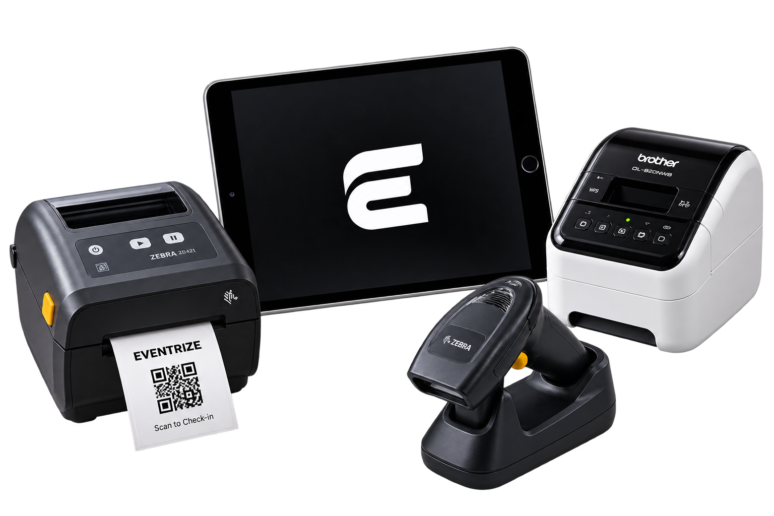 Eventrize deployment board showing badge printers and QR scanners ready for an event