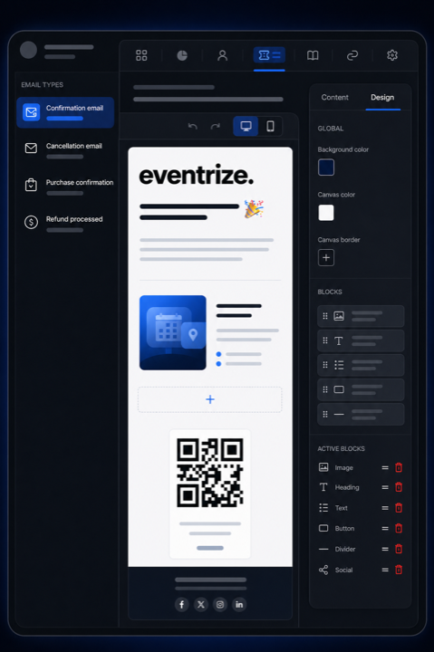 Eventrize confirmation email editor interface