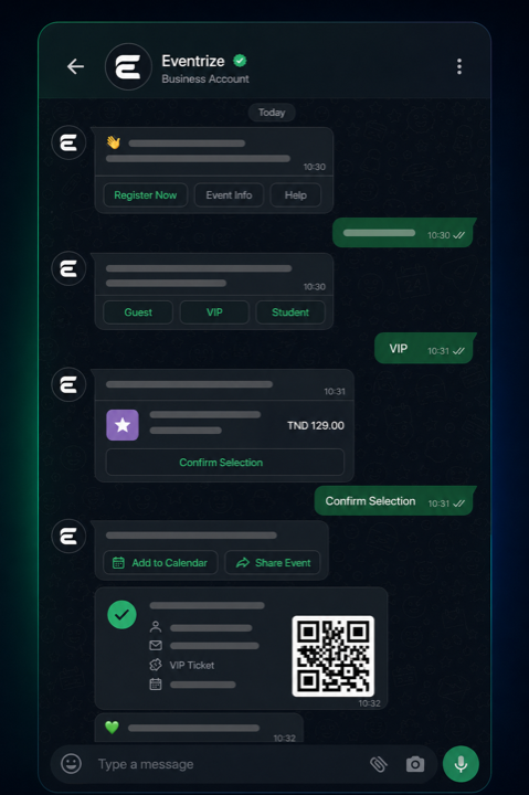 Eventrize Inscription via WhatsApp conversation