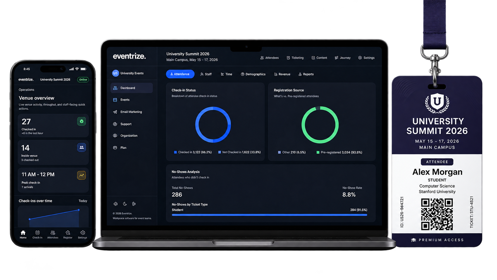 Eventrize university event management software showing Check-in QR, live attendance, and badge printing for campus events